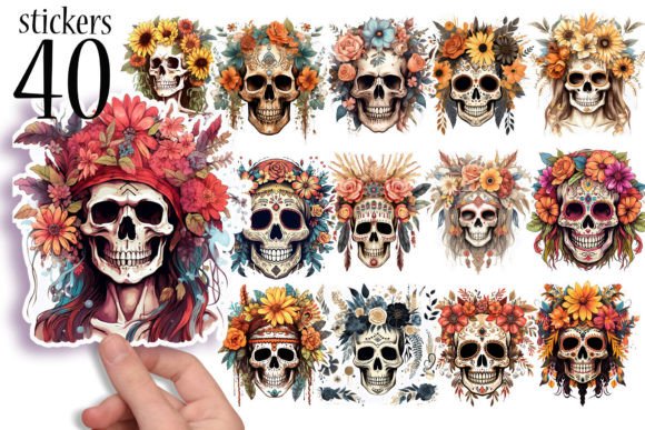 Download Skulls and Flowers - Boho Stickers PNG - Flower Collection