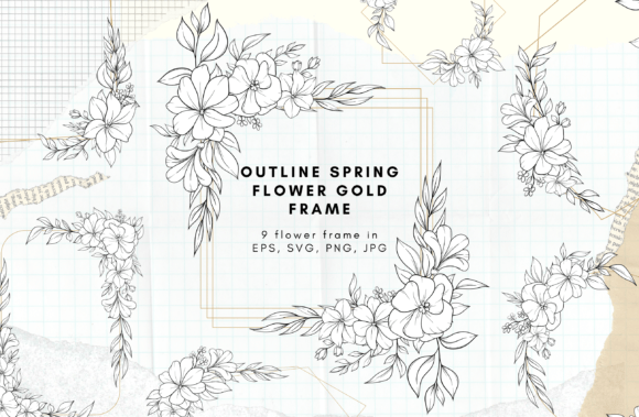 Download Outline Spring Flower Gold Frame Set - Flower Collection