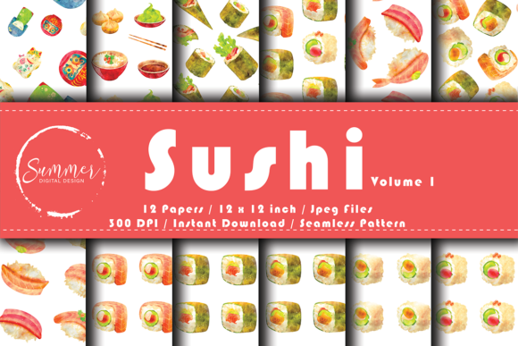 Download Sushi Watercolor Scrapbook Digital Paper - Scrapbook digital paper Collection